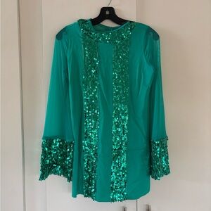 Green sequin Jazz dance costume, mod theme. Weissman size kids large